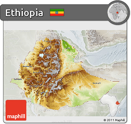 Physical 3D Map of Ethiopia, lighten, semi-desaturated