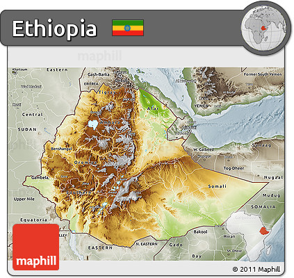 Physical 3D Map of Ethiopia, semi-desaturated