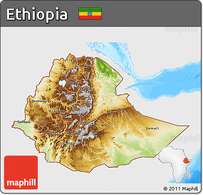 Physical 3D Map of Ethiopia, single color outside, bathymetry sea