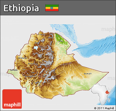 Physical 3D Map of Ethiopia, single color outside, bathymetry sea, shaded relief sea