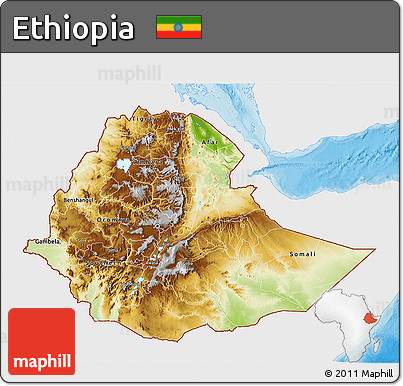 Physical 3D Map of Ethiopia, single color outside, bathymetry sea, shaded relief sea