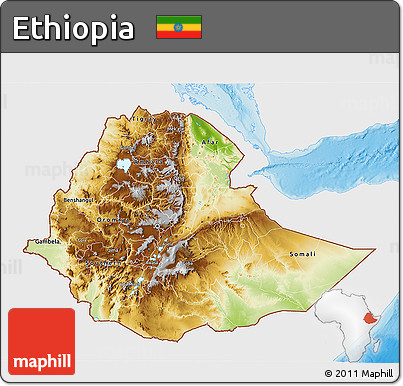 Physical 3D Map of Ethiopia, single color outside