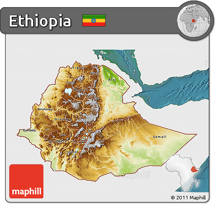 Physical 3D Map of Ethiopia, single color outside, satellite sea