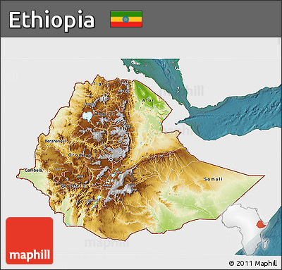 Physical 3D Map of Ethiopia, single color outside, satellite sea