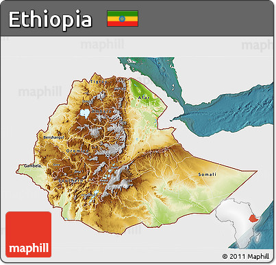 Physical 3D Map of Ethiopia, single color outside, satellite sea