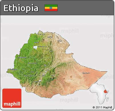 Satellite 3D Map of Ethiopia, cropped outside