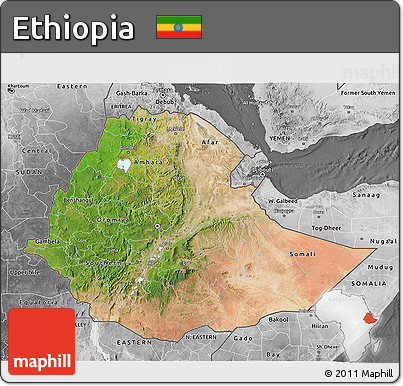 Satellite 3D Map of Ethiopia, desaturated