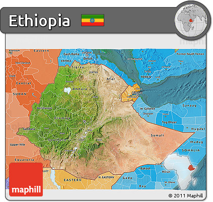 Satellite 3D Map of Ethiopia, political shades outside, satellite sea