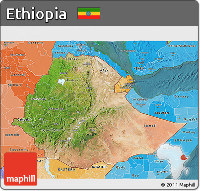 Satellite 3D Map of Ethiopia, political shades outside, satellite sea