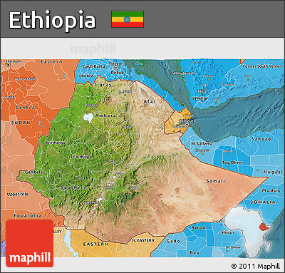 Satellite 3D Map of Ethiopia, political shades outside, satellite sea