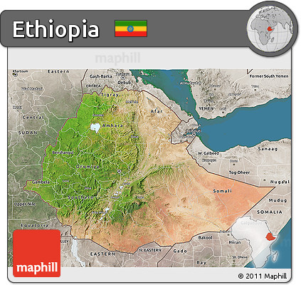 Satellite 3D Map of Ethiopia, semi-desaturated, land only