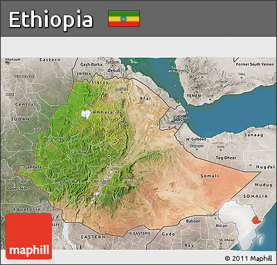 Satellite 3D Map of Ethiopia, semi-desaturated, land only