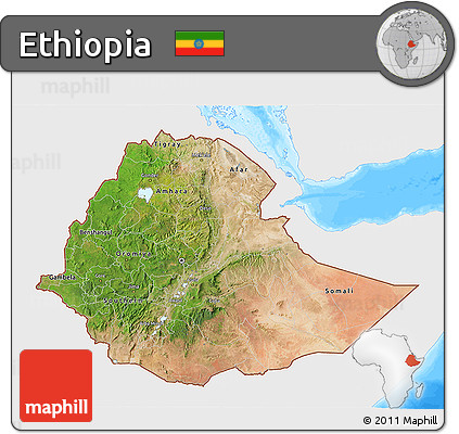 Satellite 3D Map of Ethiopia, single color outside, bathymetry sea