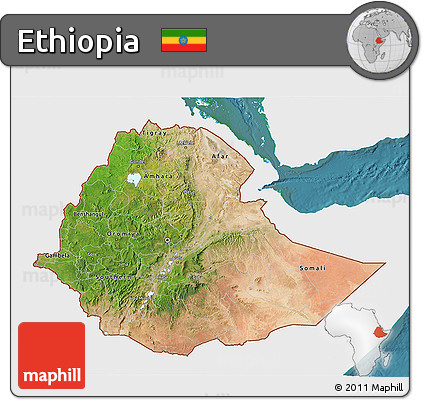 Satellite 3D Map of Ethiopia, single color outside