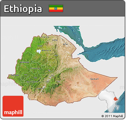 Satellite 3D Map of Ethiopia, single color outside