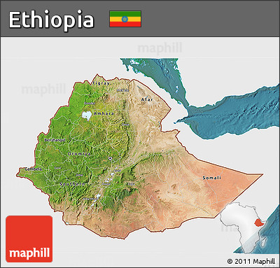 Satellite 3D Map of Ethiopia, single color outside