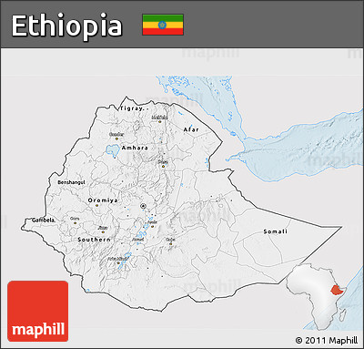 Silver Style 3D Map of Ethiopia, single color outside