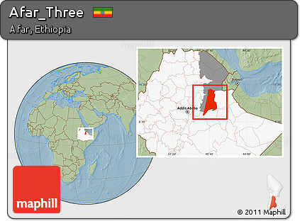 Savanna Style Location Map of Afar_Three, highlighted country, highlighted parent region, hill shading