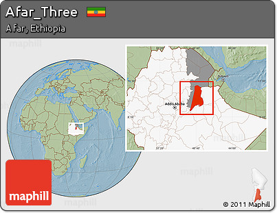 Savanna Style Location Map of Afar_Three, highlighted country, highlighted parent region, hill shading