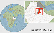 Savanna Style Location Map of Afar_Three, highlighted country, highlighted parent region, hill shading