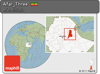 Savanna Style Location Map of Afar_Three, highlighted country, hill shading