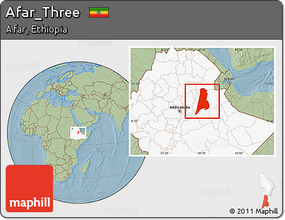 Savanna Style Location Map of Afar_Three, highlighted country, hill shading