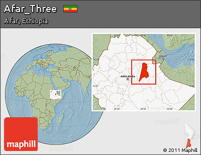 Savanna Style Location Map of Afar_Three, highlighted country, hill shading