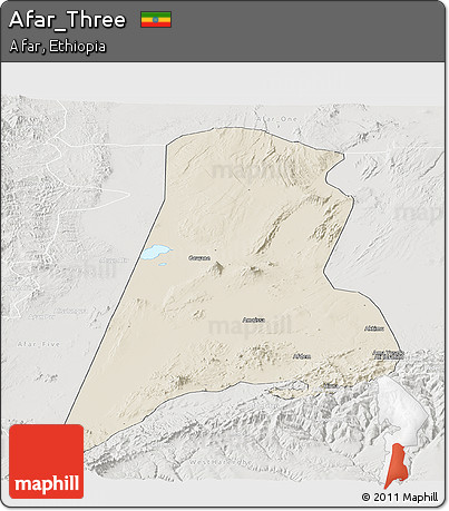 Shaded Relief Panoramic Map of Afar_Three, lighten, semi-desaturated