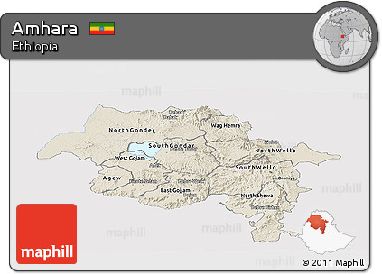 Shaded Relief Panoramic Map of Amhara, single color outside