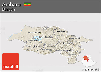 Shaded Relief Panoramic Map of Amhara, single color outside