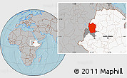 Gray Location Map of Metekel, highlighted country, highlighted parent region, hill shading