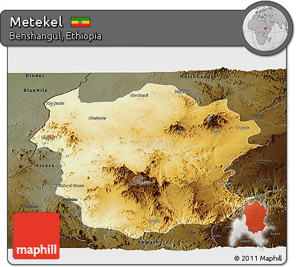 Physical Panoramic Map of Metekel, darken