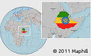 Flag Location Map of Ethiopia, gray outside, hill shading outside