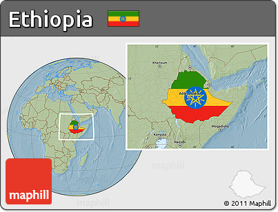 Flag Location Map of Ethiopia, savanna style outside, hill shading outside