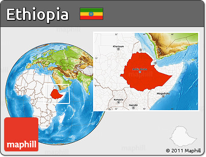 Physical Location Map of Ethiopia, highlighted continent