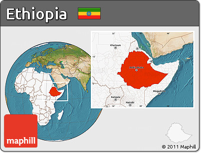 Satellite Location Map of Ethiopia, highlighted continent