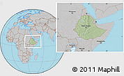 Savanna Style Location Map of Ethiopia, gray outside, hill shading inside