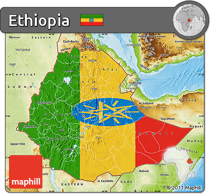 Flag Map of Ethiopia, physical outside, flag rotated