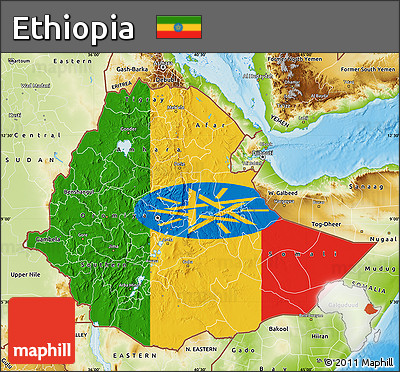 Flag Map of Ethiopia, physical outside, flag rotated