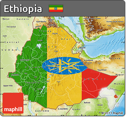 Flag Map of Ethiopia, physical outside, flag rotated