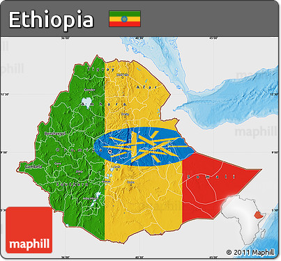 Flag Map of Ethiopia, single color outside, bathymetry sea, shaded relief sea, flag rotated