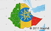 Flag Map of Ethiopia, single color outside, shaded relief sea, flag aligned to the middle
