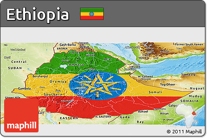 Flag Panoramic Map of Ethiopia, physical outside, bathymetry sea, flag centered
