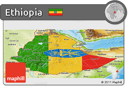 Flag Panoramic Map of Ethiopia, physical outside, bathymetry sea, flag rotated