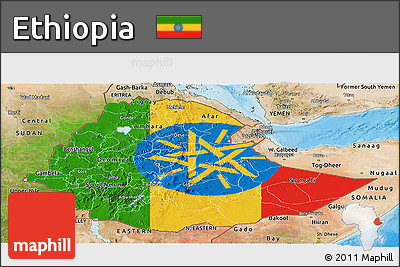 Flag Panoramic Map of Ethiopia, satellite outside, bathymetry sea, flag aligned to the middle