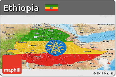 Flag Panoramic Map of Ethiopia, satellite outside, bathymetry sea
