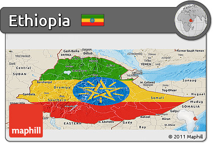 Flag Panoramic Map of Ethiopia, shaded relief outside, bathymetry sea, flag centered