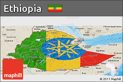 Flag Panoramic Map of Ethiopia, shaded relief outside, bathymetry sea, flag aligned to the middle