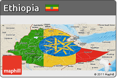 Flag Panoramic Map of Ethiopia, shaded relief outside, bathymetry sea, flag aligned to the middle