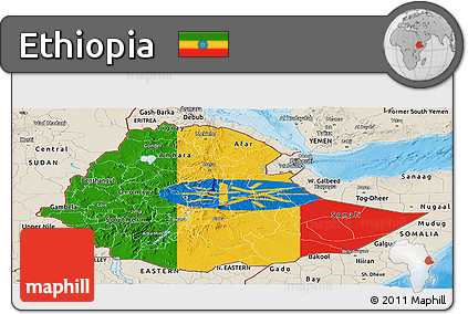 Flag Panoramic Map of Ethiopia, shaded relief outside, bathymetry sea, flag rotated